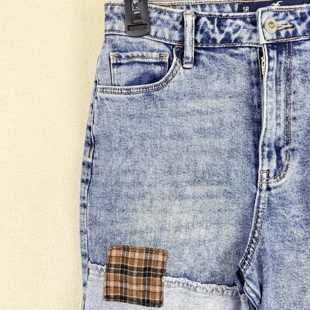 Hollister Jeans Womens 5R Blue Acid Wash Ultra High Rise Mom Plaid Patch Ripped